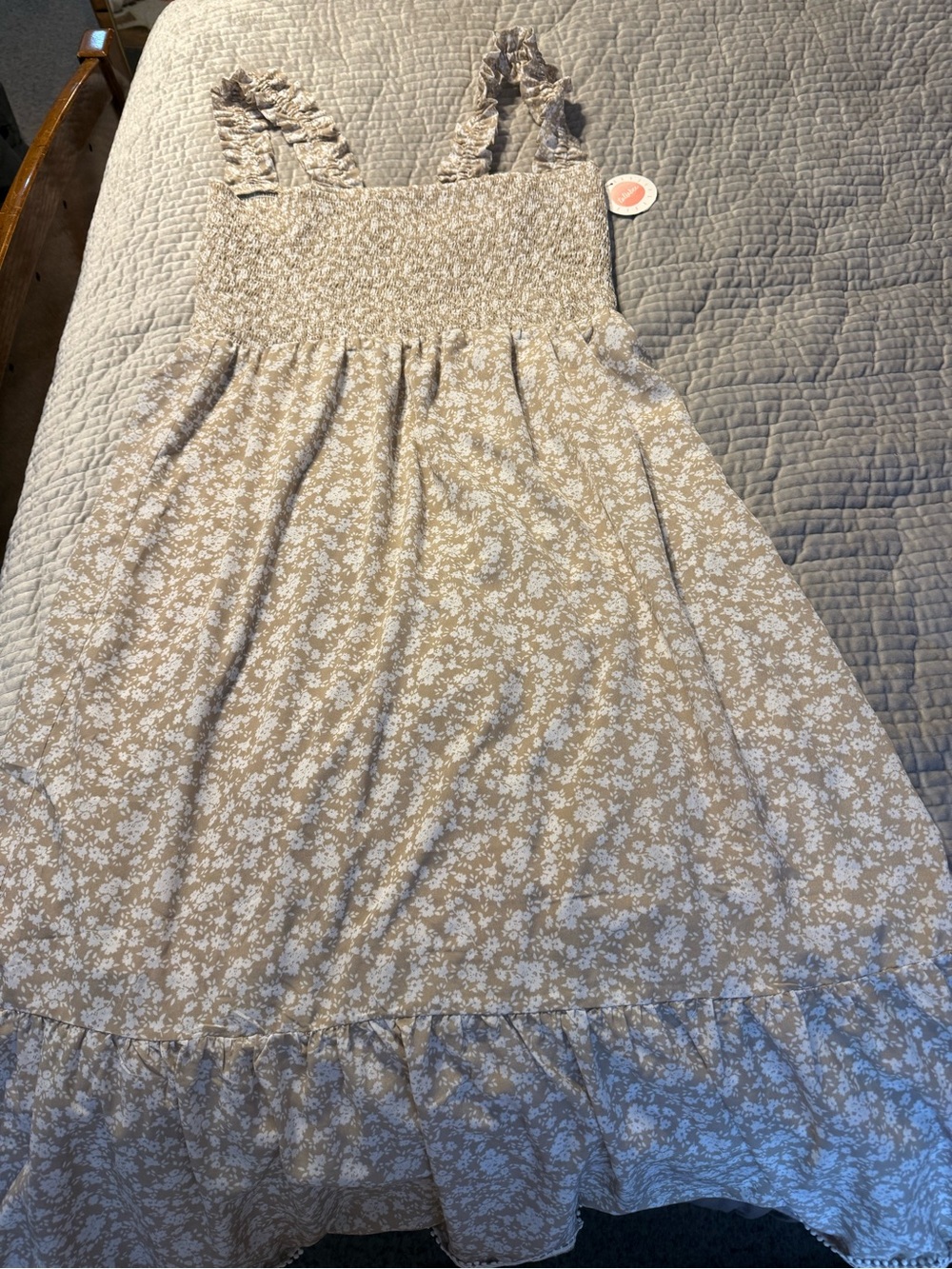 Smocked Floral Maxi Dress in Beige and White